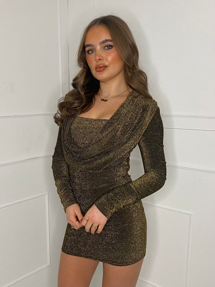 Cowl Neck Glitter Dress - Gold/Black