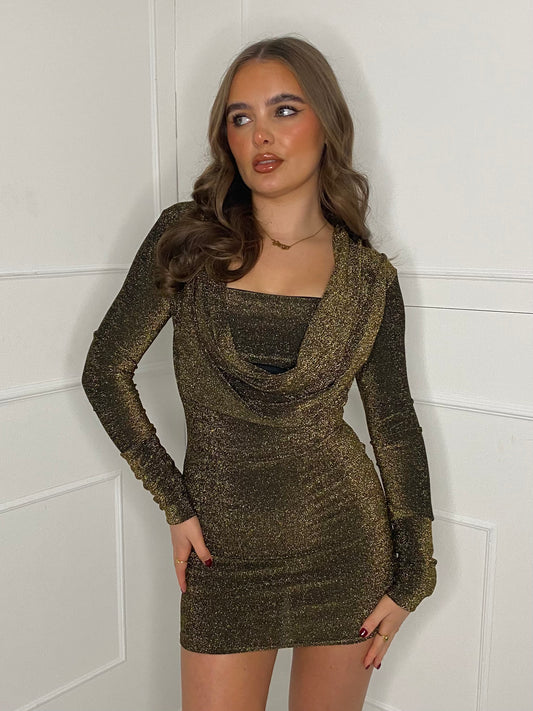 Cowl Neck Glitter Dress - Gold/Black