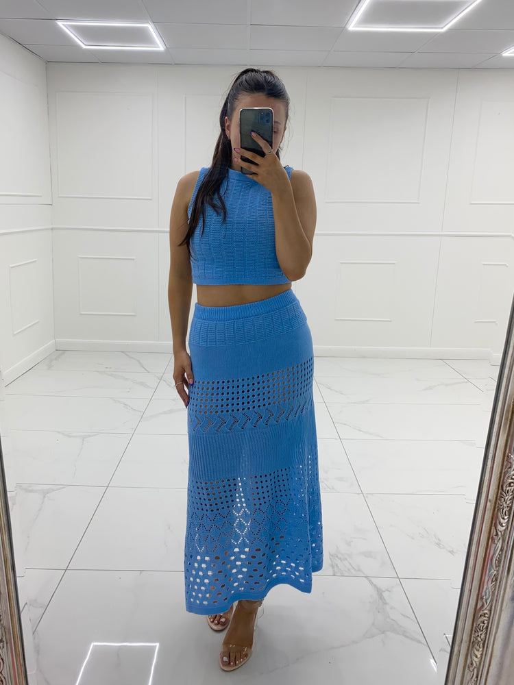 Crochet Maxi Skirt Co-Ord - Baby Blue