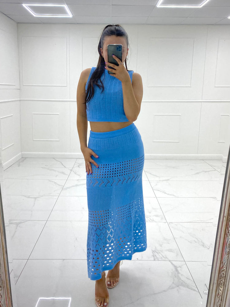 Crochet Maxi Skirt Co-Ord - Baby Blue