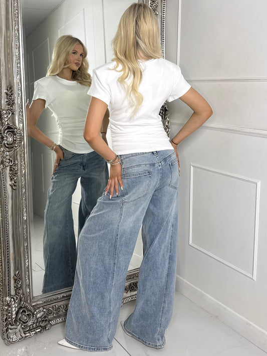 Cinch Waist Shoulder Pad Tshirt - White