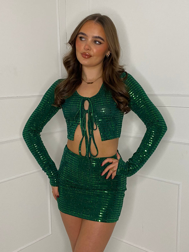 Sequin Tie Front Co-ord  - Green