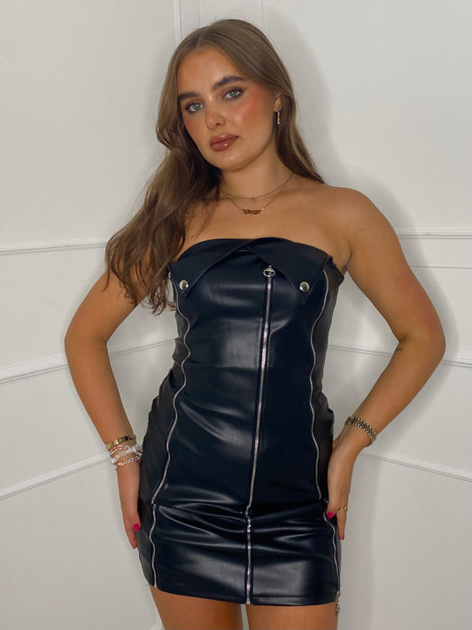 Leather Zip Up Dress - Black