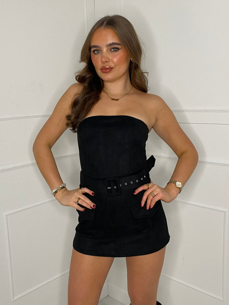 Suede Belted Cargo Style Playsuit - Black