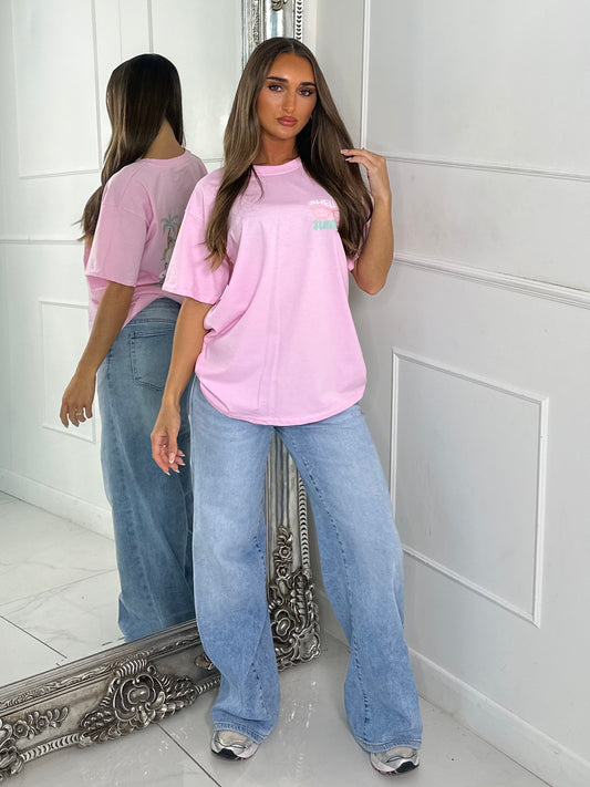 Hello Summer Vibes Print Tee - Baby Pink
