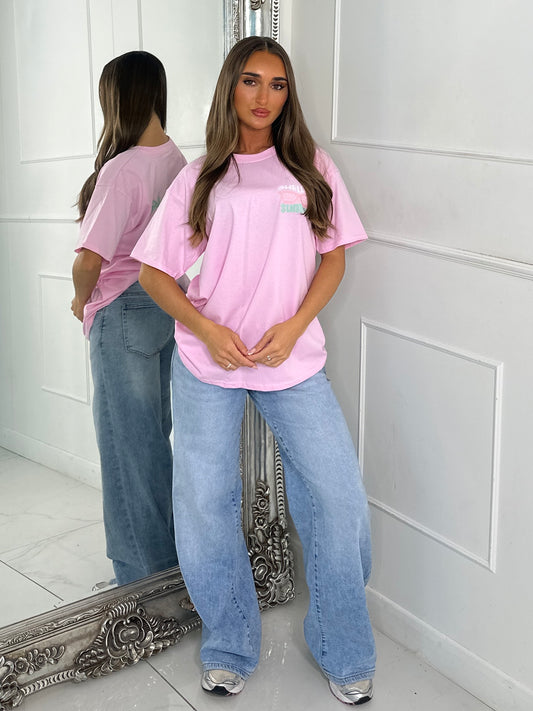 Hello Summer Vibes Print Tee - Baby Pink