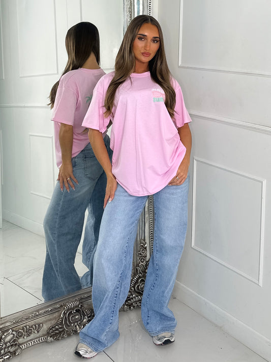 Hello Summer Vibes Print Tee - Baby Pink
