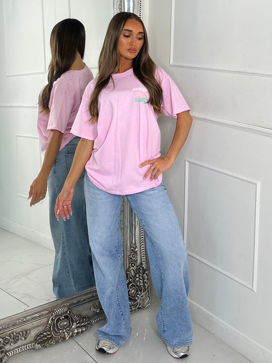 Hello Summer Vibes Print Tee - Baby Pink
