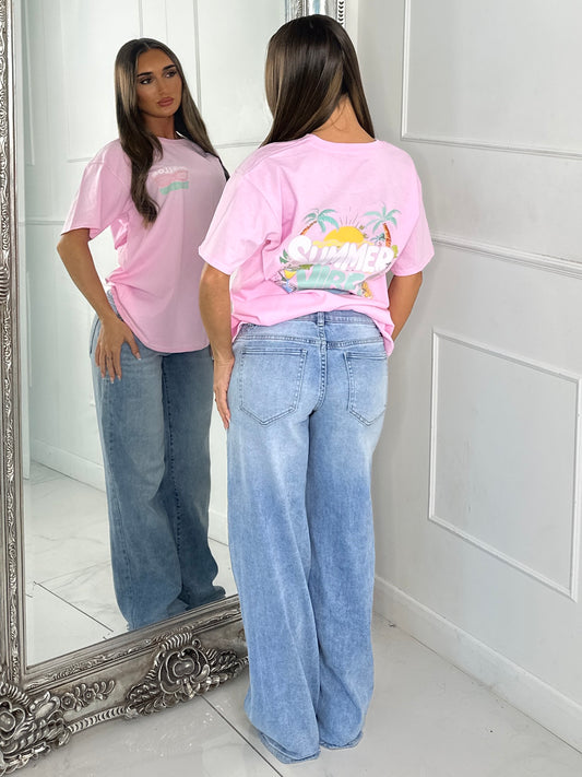 Hello Summer Vibes Print Tee - Baby Pink