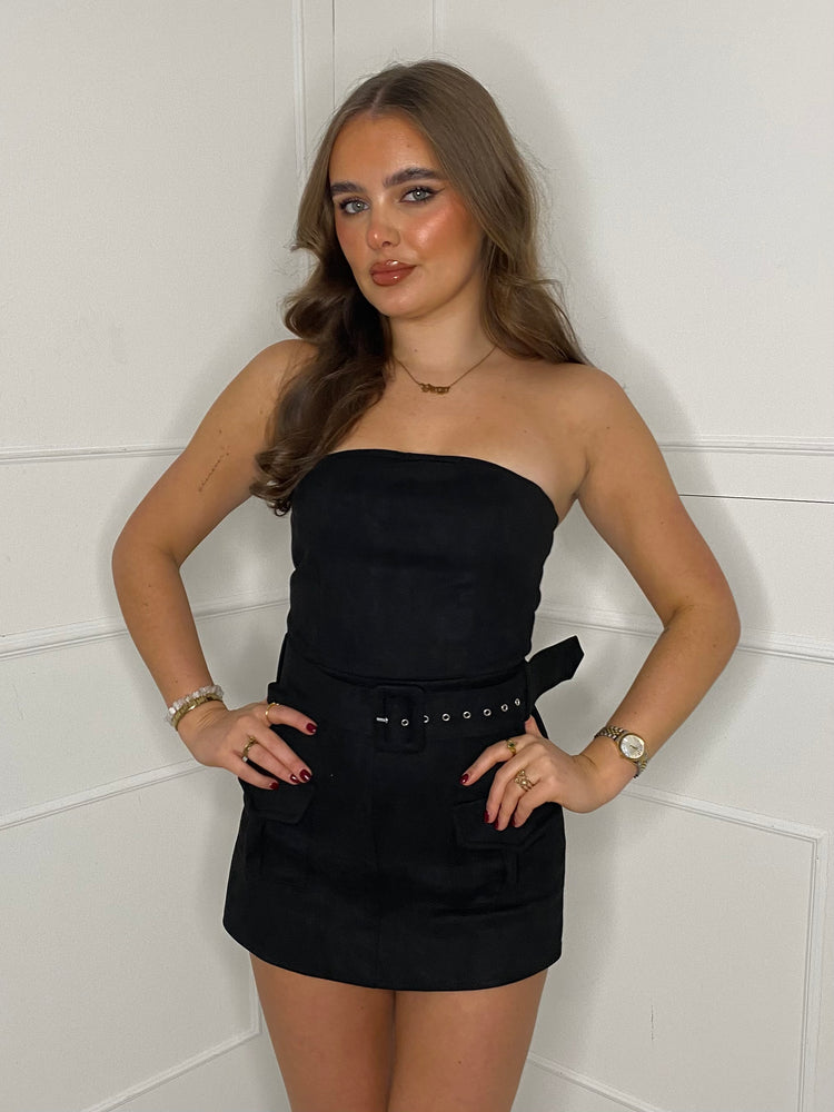 Suede Belted Cargo Style Playsuit - Black