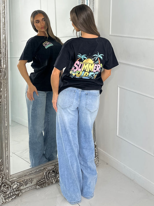 Hello Summer Vibes Print Tee - Black