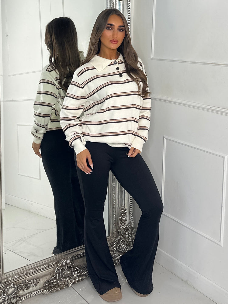 Striped Collared Button Jumper - Cream/Neutral