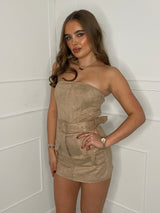 Suede Belted Cargo Style Playsuit - Beige