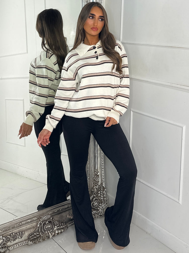 Striped Collared Button Jumper - Cream/Neutral