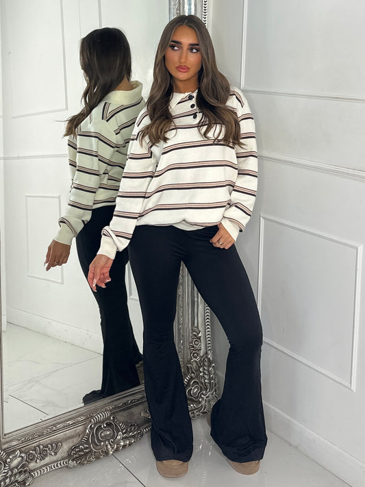 Striped Collared Button Jumper - Cream/Neutral