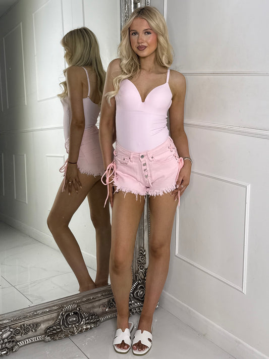 Lace Up String Denim Shorts - Baby Pink Denim /Baby Pink String