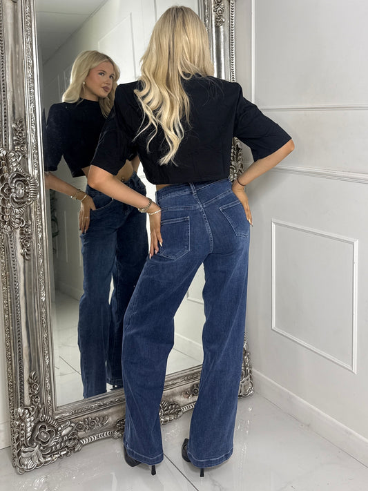 Straight Leg High Waisted Jeans - Dark Wash Blue