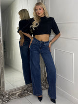 Straight Leg High Waisted Jeans - Dark Wash Blue