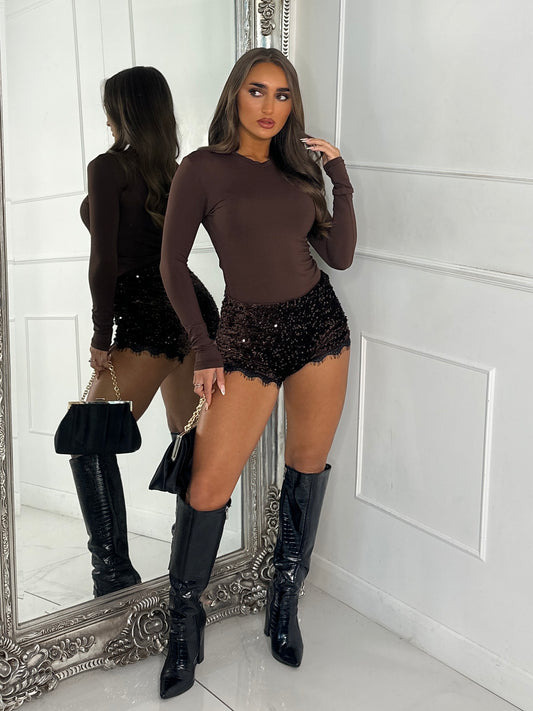 Velvet Sequin Mini Shorts with Lace Detail  - Brown