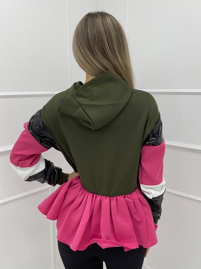 PVC Frill Hoodie Khaki Cerise Pink
