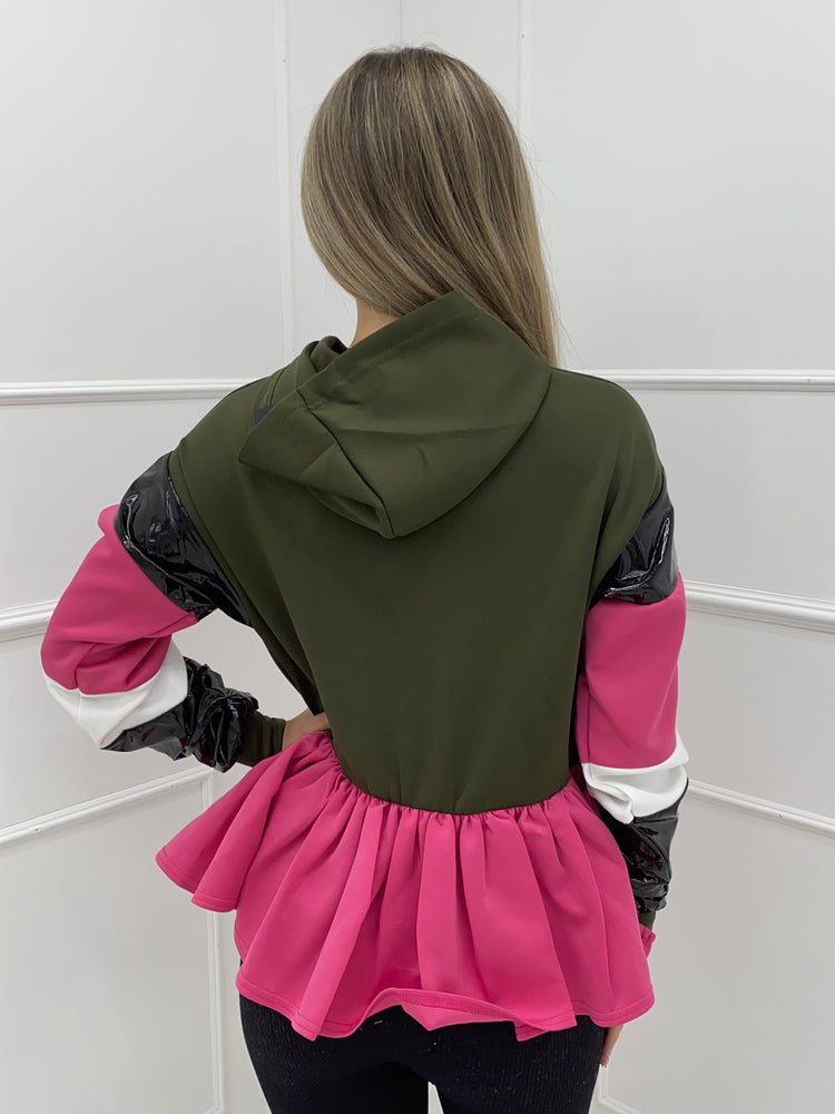 PVC Frill Hoodie - Khaki/Cerise Pink