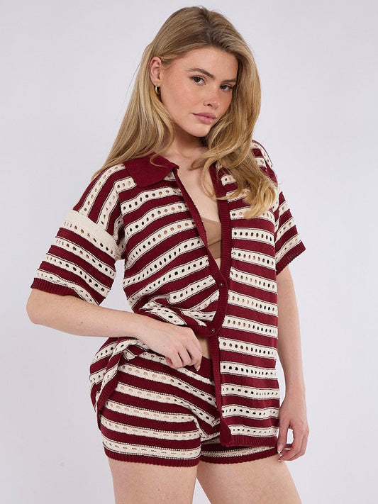Stripe Crochet Knitted Shirt & Shorts Set - Wine