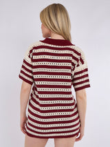 Stripe Crochet Knitted Shirt & Shorts Set - Wine