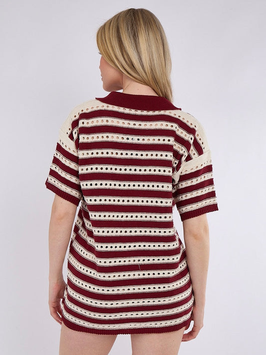 Stripe Crochet Knitted Shirt & Shorts Set - Wine