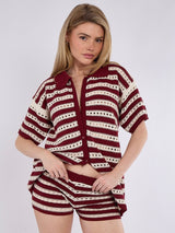 Stripe Crochet Knitted Shirt & Shorts Set - Wine