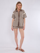 Stripe Crochet Knitted Shirt & Shorts Set - Mocha