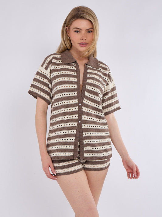 Stripe Crochet Knitted Shirt & Shorts Set - Mocha
