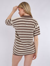 Stripe Crochet Knitted Shirt & Shorts Set - Mocha