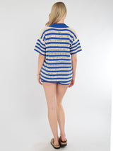 Stripe Crochet Knitted Shirt & Shorts Set - Royal Blue