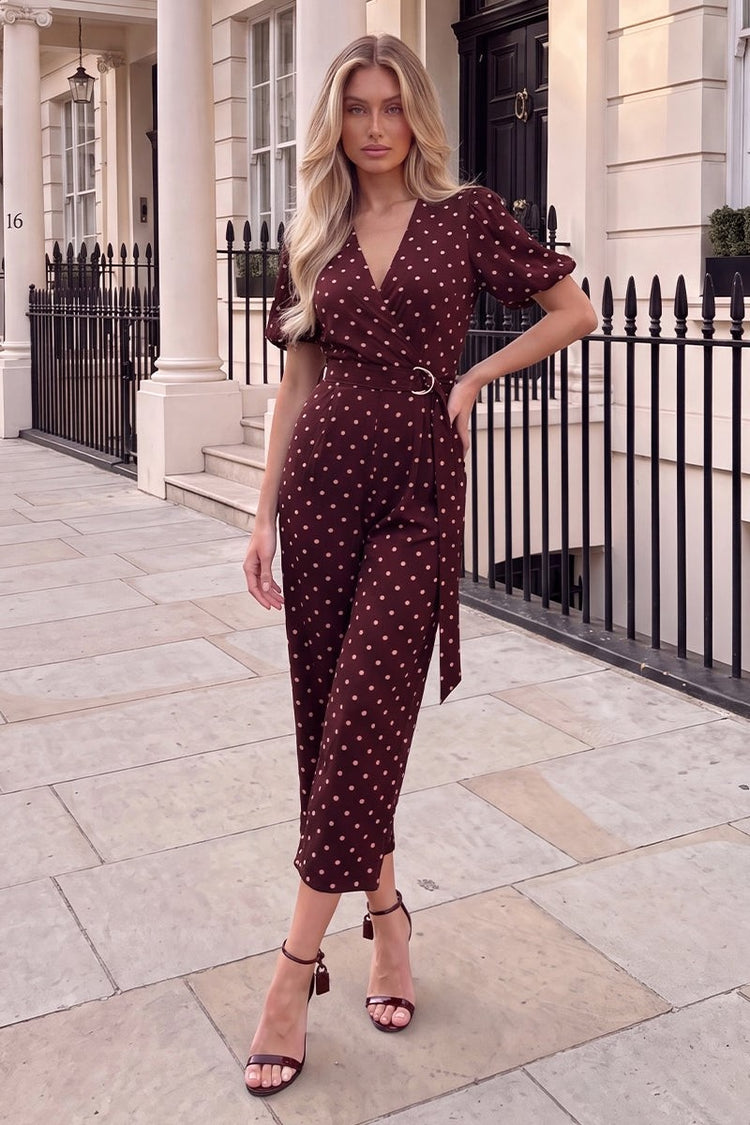Burgundy Polka Dot Belted Wrap Jumpsuit