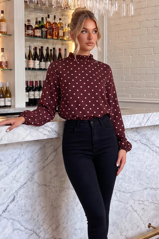Burgundy Polka Dot Print Long Sleeve Ruffle Neck Top