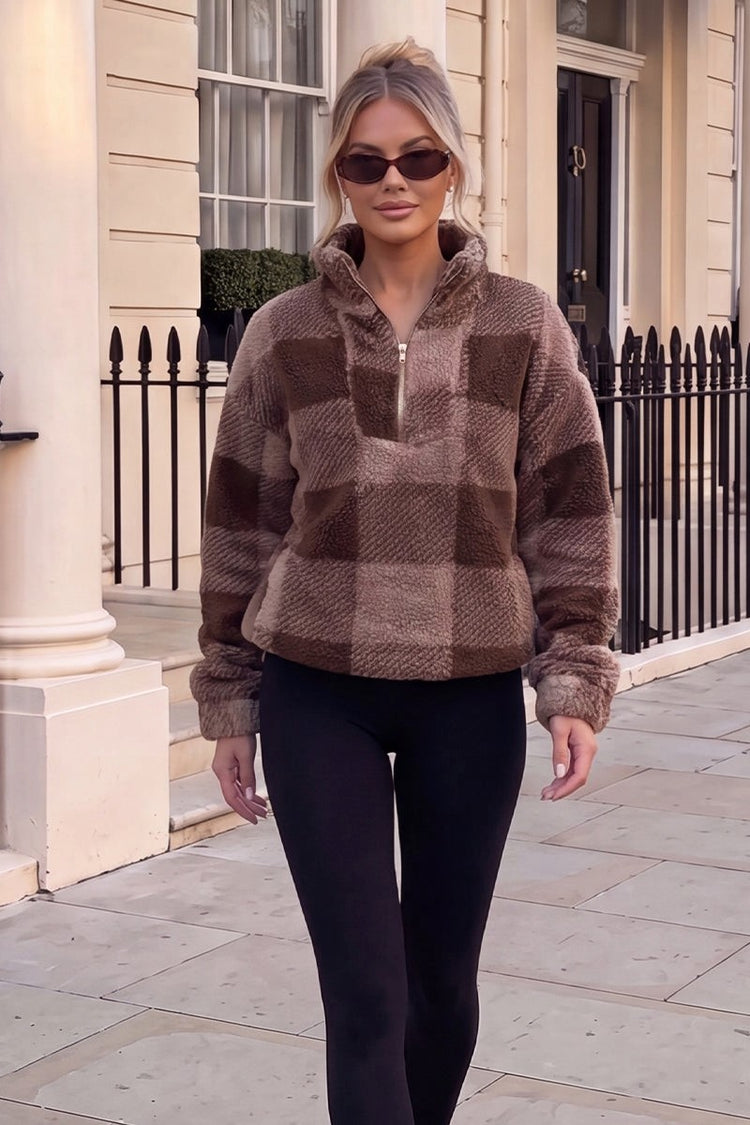 Mocha Check Teddy 1/4 Zip Sweatshirt