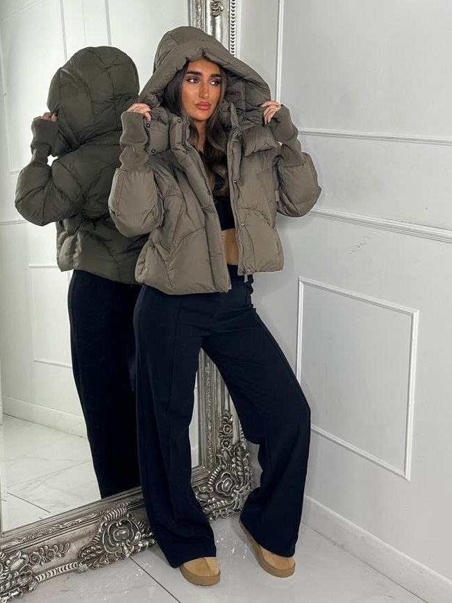Cropped Puffer Coat With Hood- Khaki
