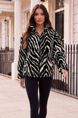 Black And Cream Animal Print Zip-Up Teddy Jacket