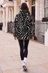 Black And Cream Animal Print Zip-Up Teddy Jacket