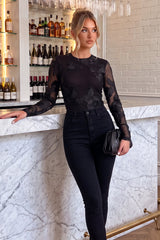 Black Floral Embroidered Mesh Long Sleeve Bodysuit