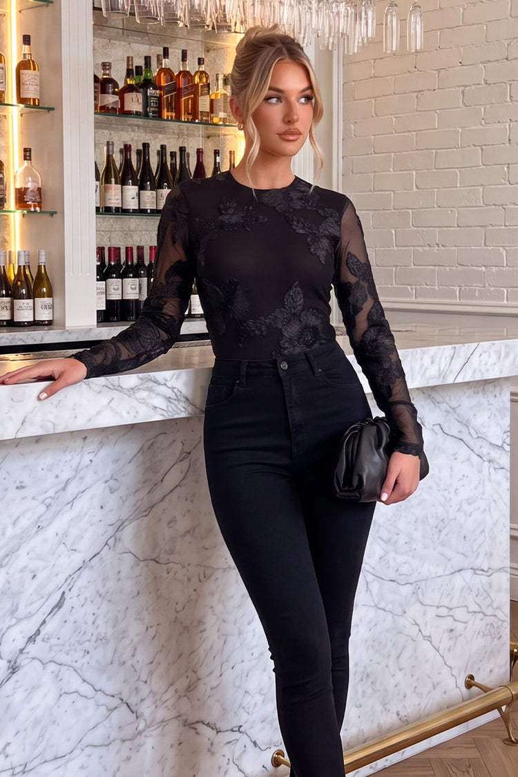 Black Floral Embroidered Mesh Long Sleeve Bodysuit