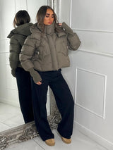 Cropped Puffer Coat With Hood- Khaki