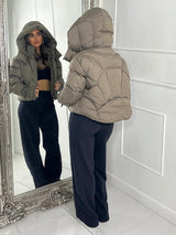 Cropped Puffer Coat With Hood- Khaki