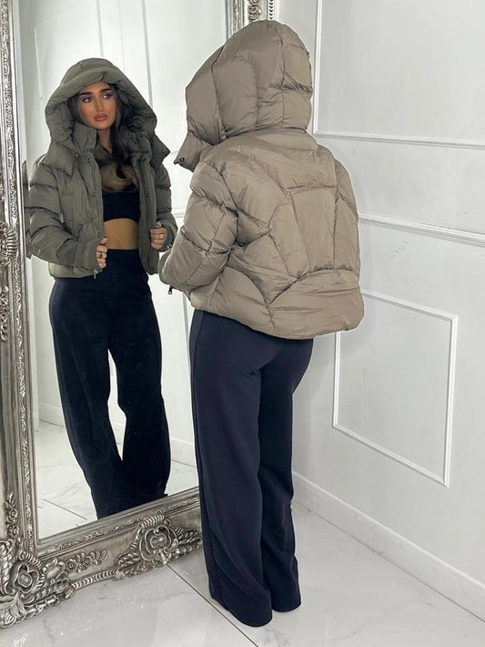 Cropped Puffer Coat With Hood- Khaki