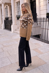 Camel Fair Isle Mock Neck Knitted Jumper