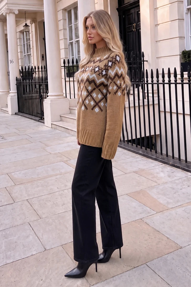 Camel Fair Isle Mock Neck Knitted Jumper