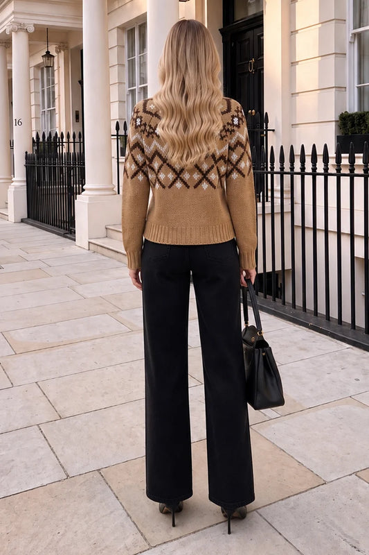 Camel Fair Isle Mock Neck Knitted Jumper
