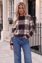 Chocolate And Cream Check Brushed Knit Jumper