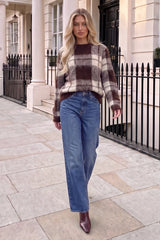 Chocolate And Cream Check Brushed Knit Jumper