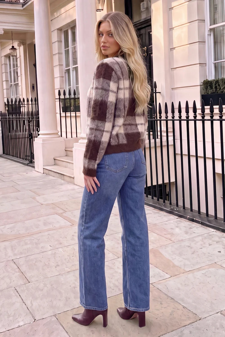 Chocolate And Cream Check Brushed Knit Jumper